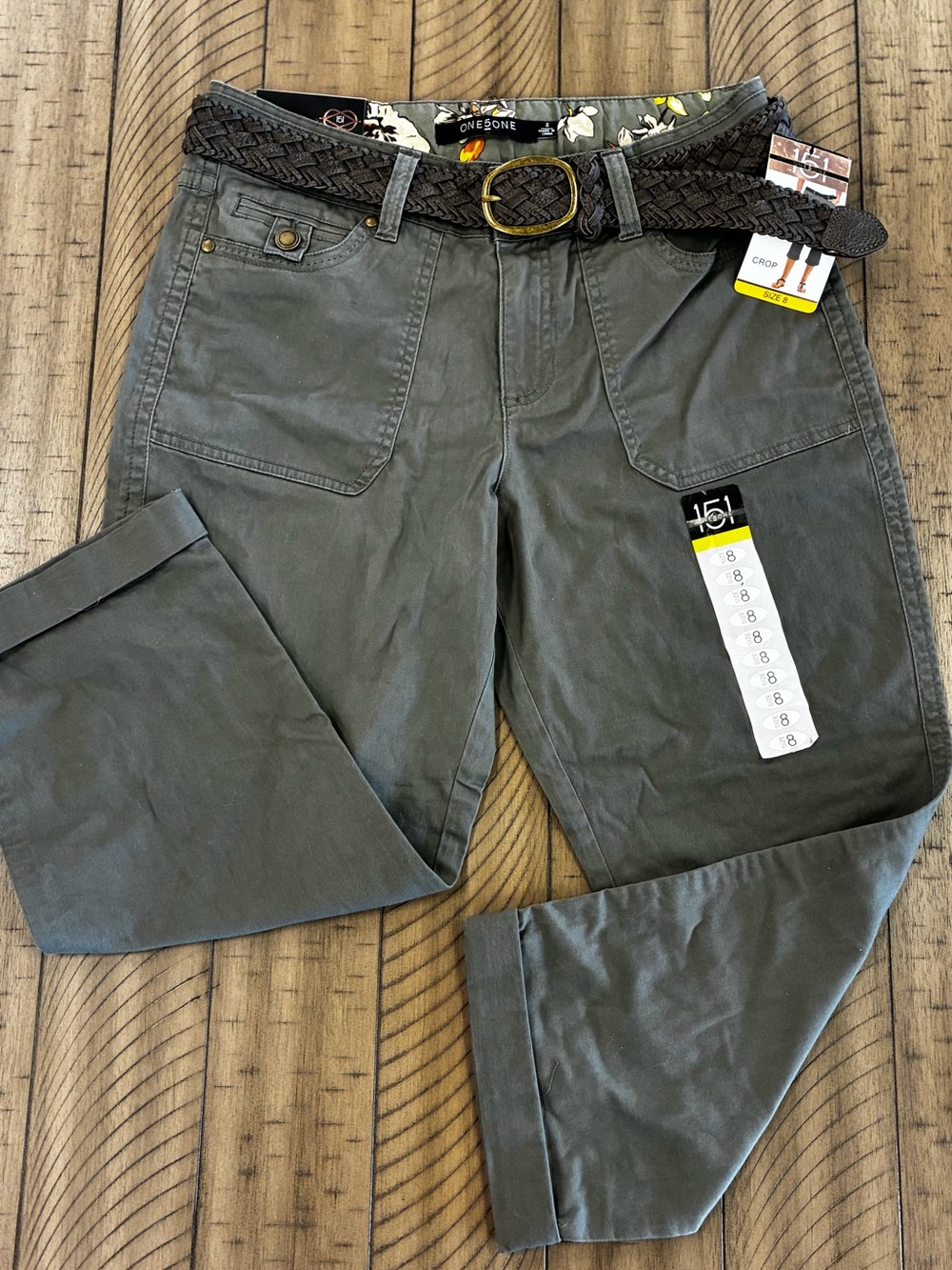 one 5 one Olive Green Capris with Braided Belt